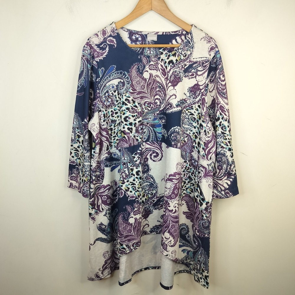 Chico's Hi Low Tunic Top 4 / XXL Paisley Floral Leopard Pockets Stretch Purple